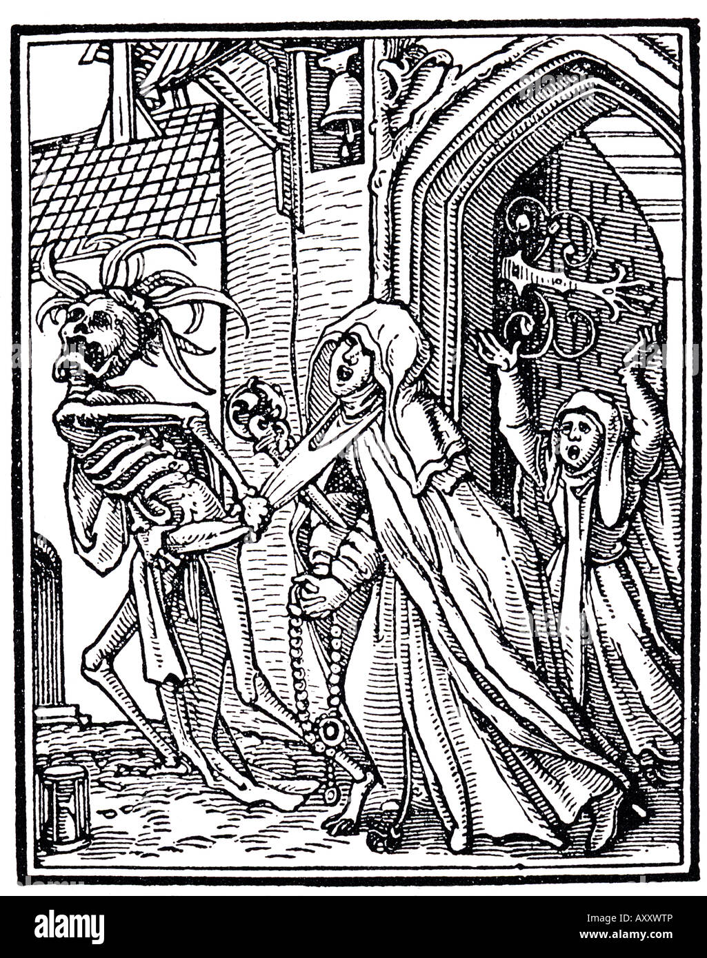 HANS HOLBEINS Totentanz einen Druck aus der gravierten 1526-Serie zeigt Tod wegnehmen einer Äbtissin Stockfoto