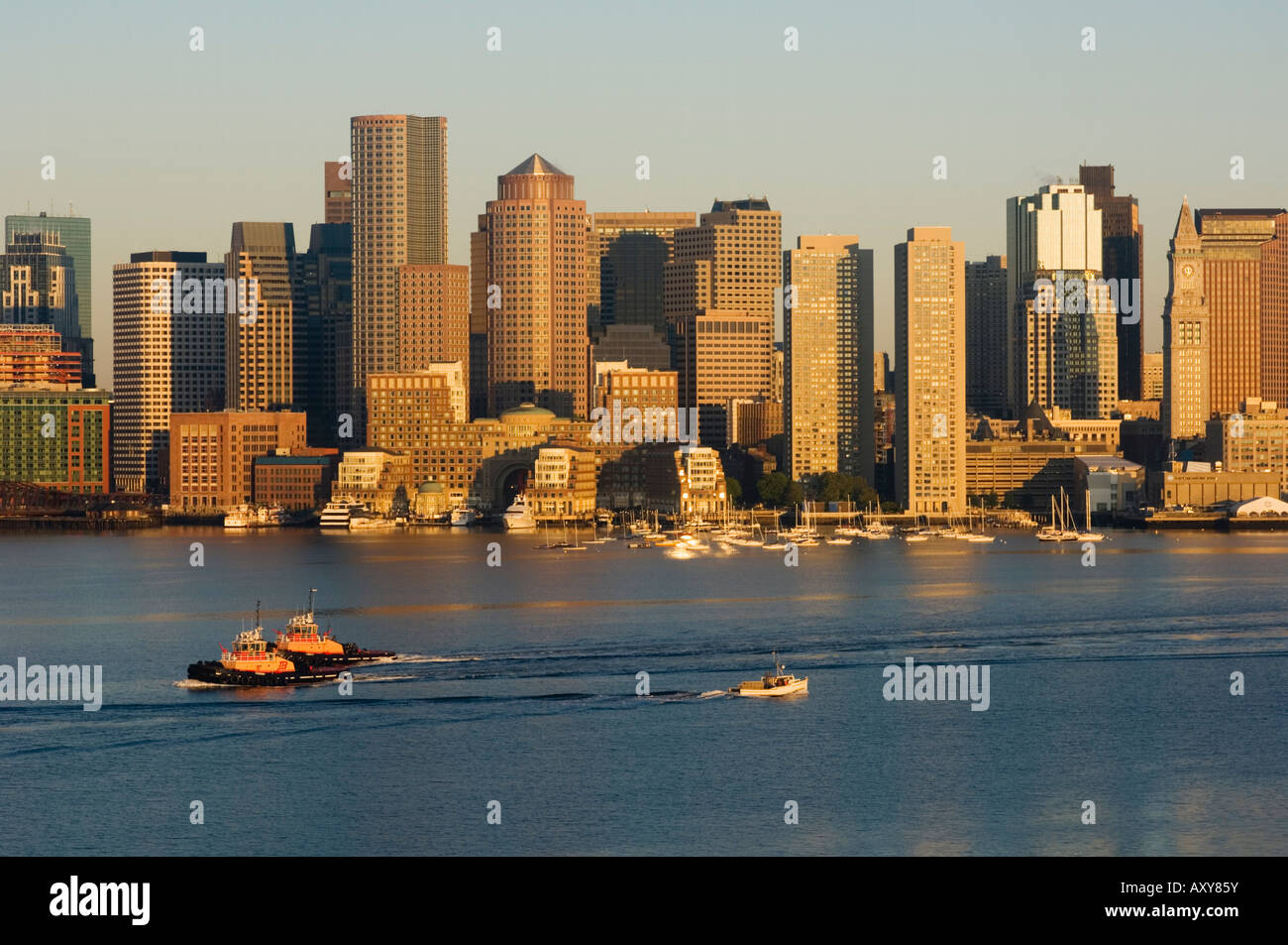 Die Skyline der Stadt in der Dämmerung über den Hafen von Boston, Boston, Massachusetts, USA Stockfoto