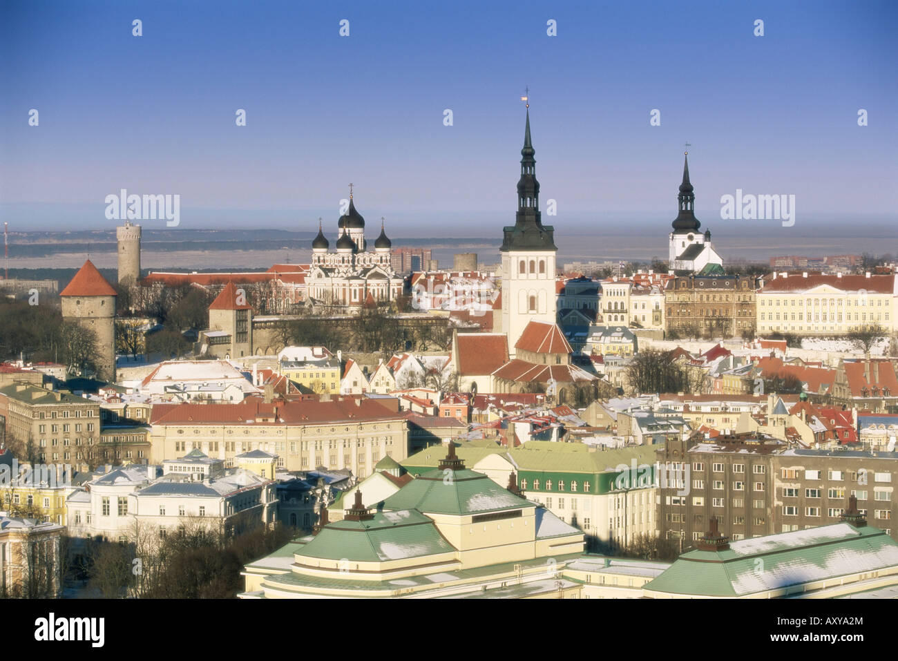 Erhöhten Winter Blick über die Altstadt in Richtung Alexander Nevsky Kathedrale, Tallinn, Estland, Baltikum Stockfoto