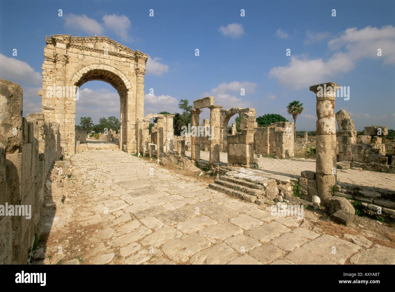 Römischer Triumphbogen und Säulenstraße, Al Bas-Site, Tyre (sauer), UNESCO-Weltkulturerbe, der Süden, Libanon Stockfoto