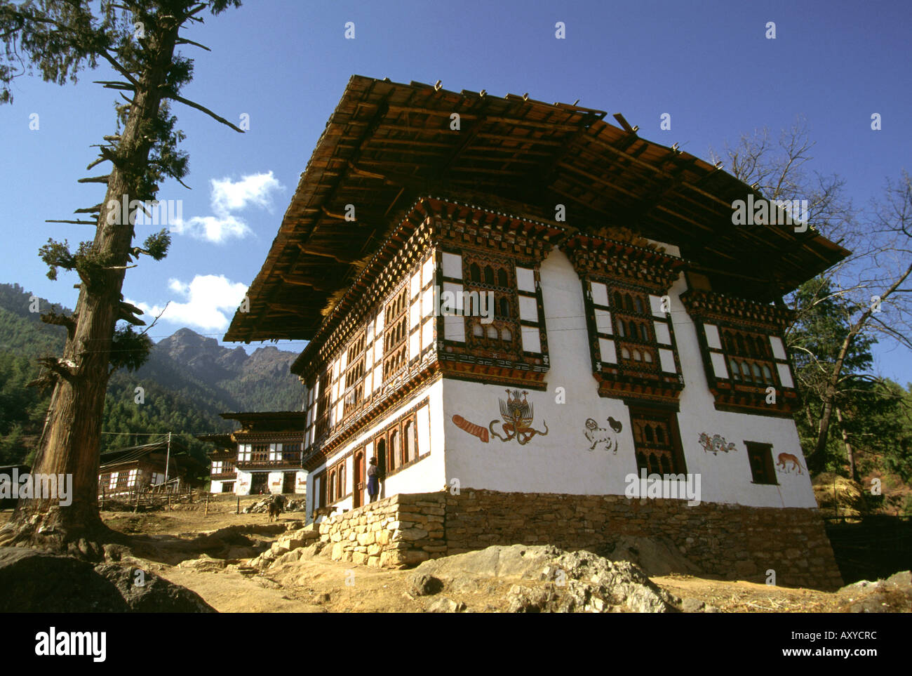 Bhutan Drukgyel Dorf Paro Hochtal traditionell bemalte hölzerne Häuser Stockfoto