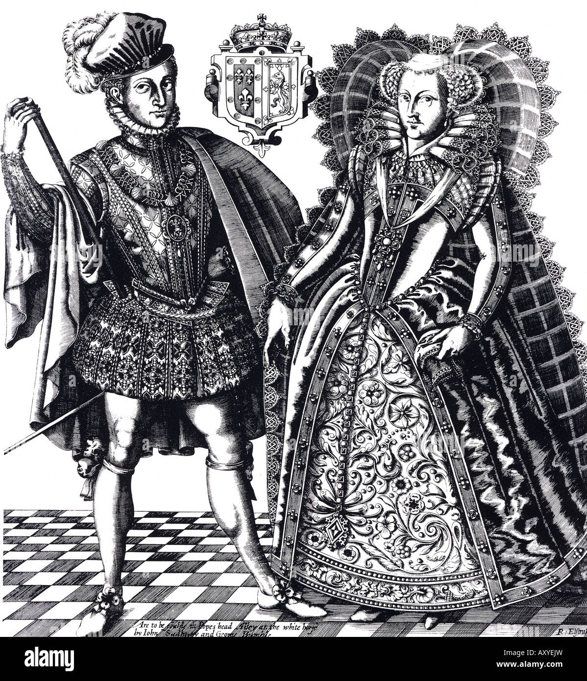 MARY QUEEN OF SCOTS mit ihrem Ehemann Henry Stuart Lord Darnley als Gravur von Renold Elstracke 1603 - siehe unten Decription Stockfoto