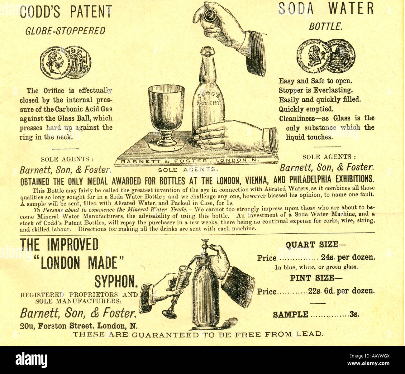 Viktorianische Werbung für Codd patent Soda Wasserflasche Stockfoto