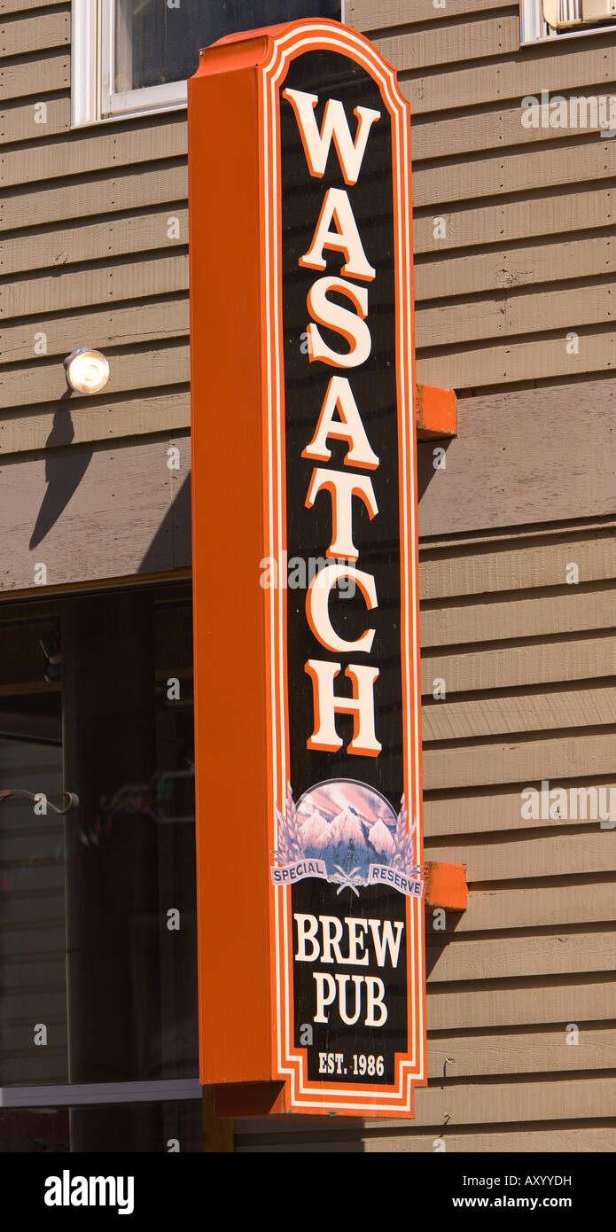 PARK CITY UTAH USA Wasatch Brew Pub Schild Main Street Stockfoto