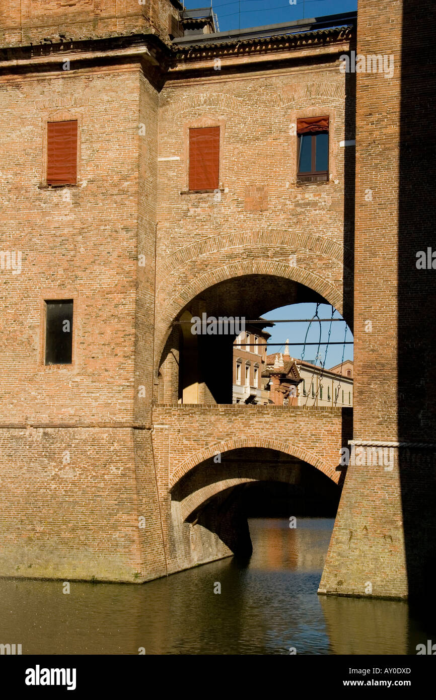 Burg, Ferrara, Estensi, groß, beleuchtet, Teich, Fenster, Bögen