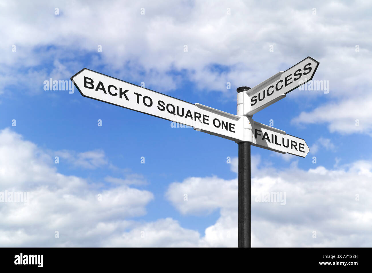 Konzept-Bild ein Wegweiser mit Back to Square One Erfolg und Misserfolg vor einem blauen bewölkten Himmel Stockfoto