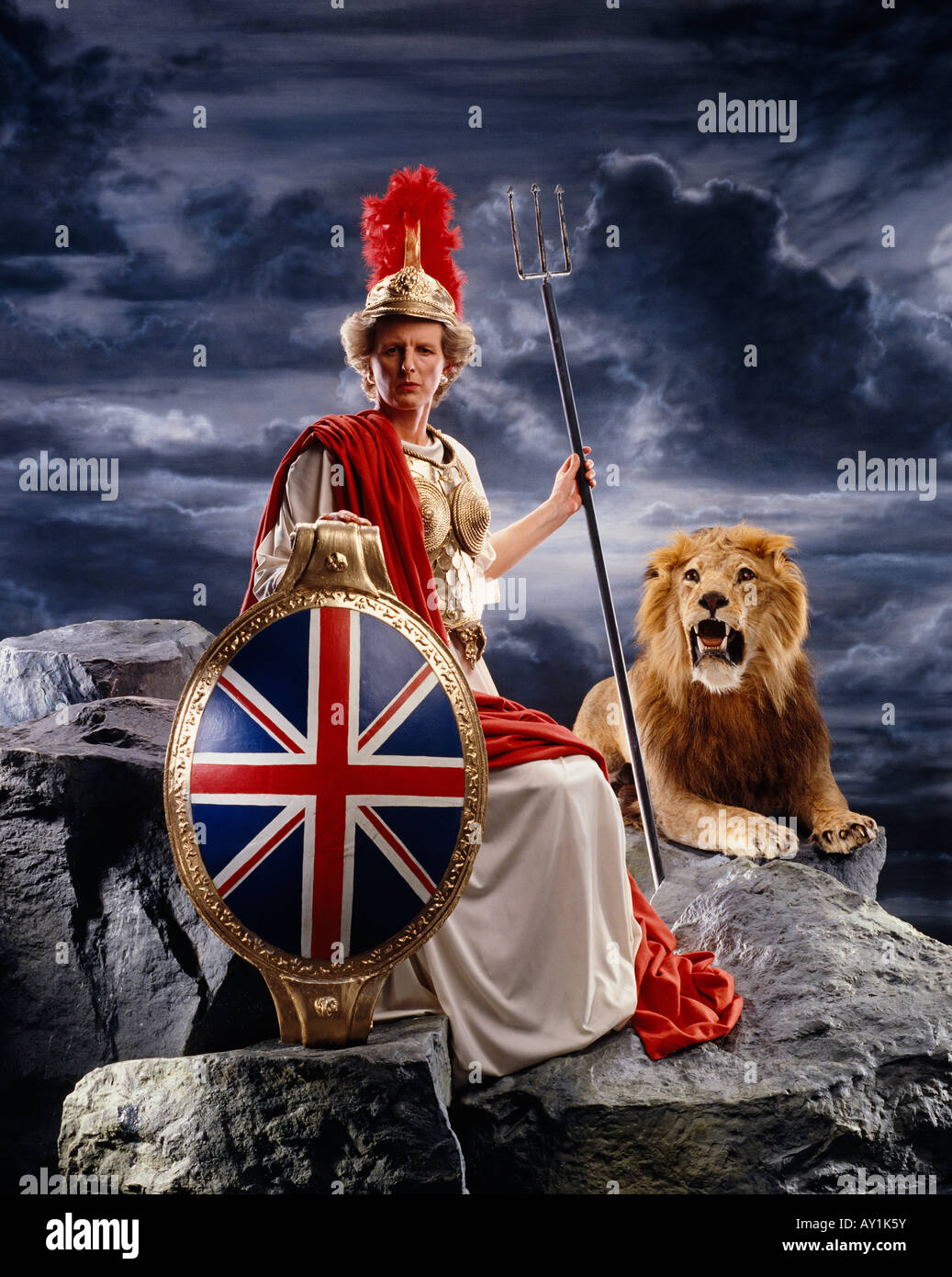 Margaret Thatcher Doppelgänger als Britannia Stockfoto