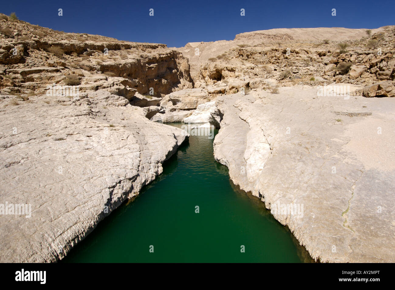 Das türkisfarbene Wasser des Wadi Bani Khalid in der östlichen Hajar-Gebirge (Al Hajar-Ash-Sharqi) in das Sultanat Oman. Stockfoto