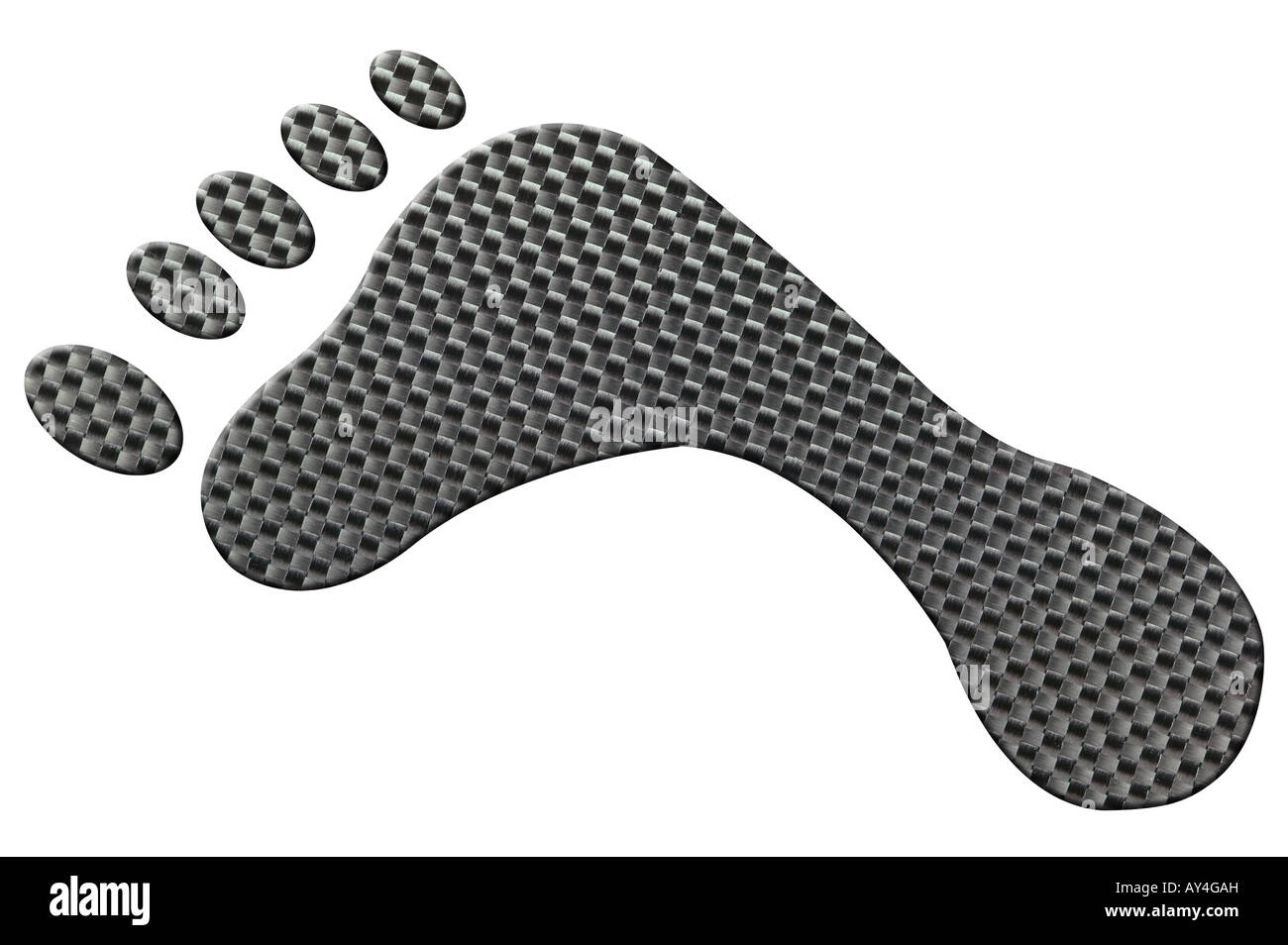Fußabdruck gemacht aus einem echten Carbon Fibre isoliert auf weiss mit Beschneidungspfad Stockfoto