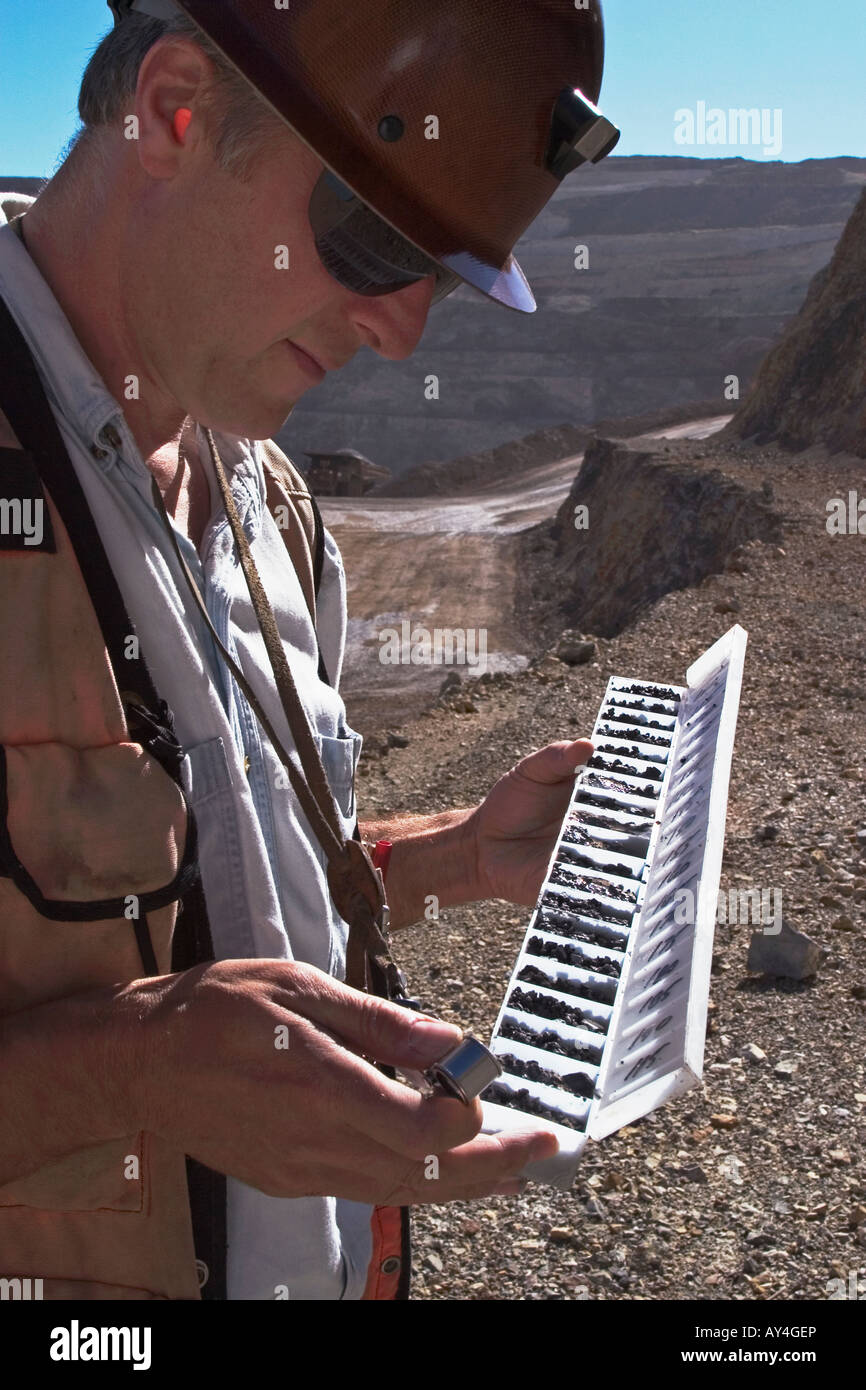 Geologe Prüfung Chips von Exploration Bohren Core auf Oberfläche Goldmine, Nevada, USA Stockfoto