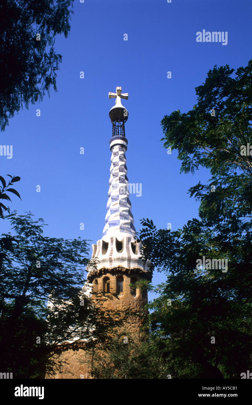 Parc Güell Gaudi Barcelona Spanien Turmspitze Stockfoto