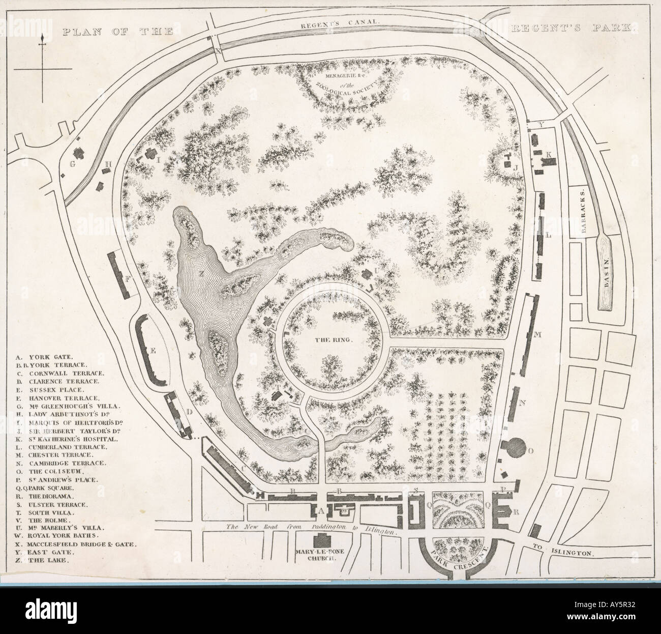 Regents Park Plan C1830 Stockfoto