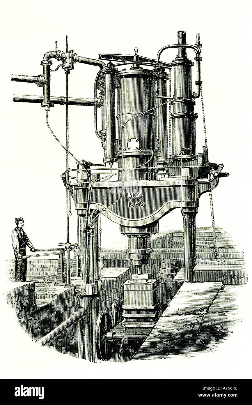 Kompression Stahl Maschine. Antike illustration.1889 Stockfoto