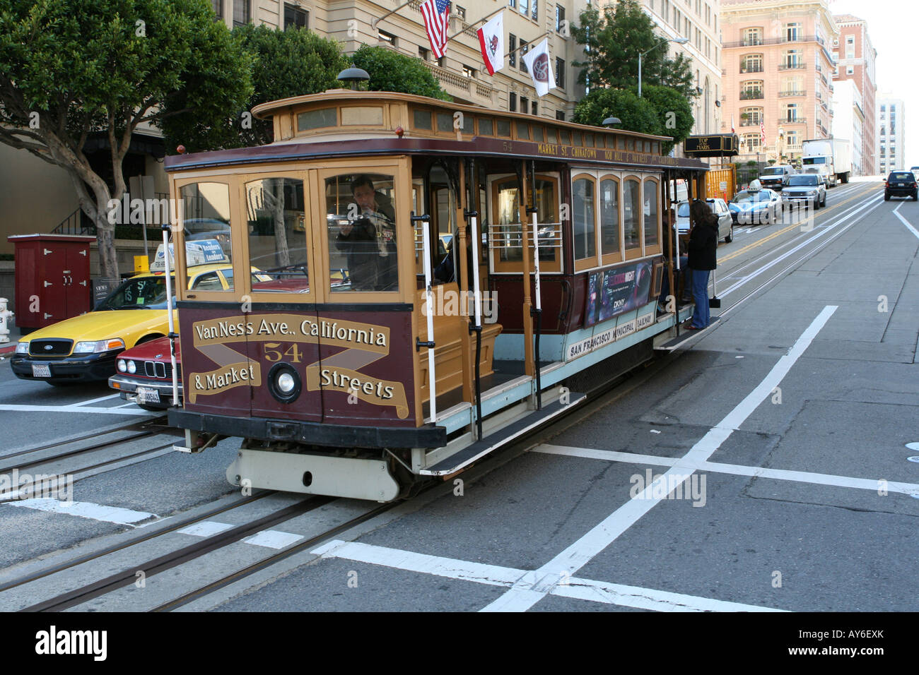 Seilbahn auf den Straßen von San Francisco, CA Stockfoto