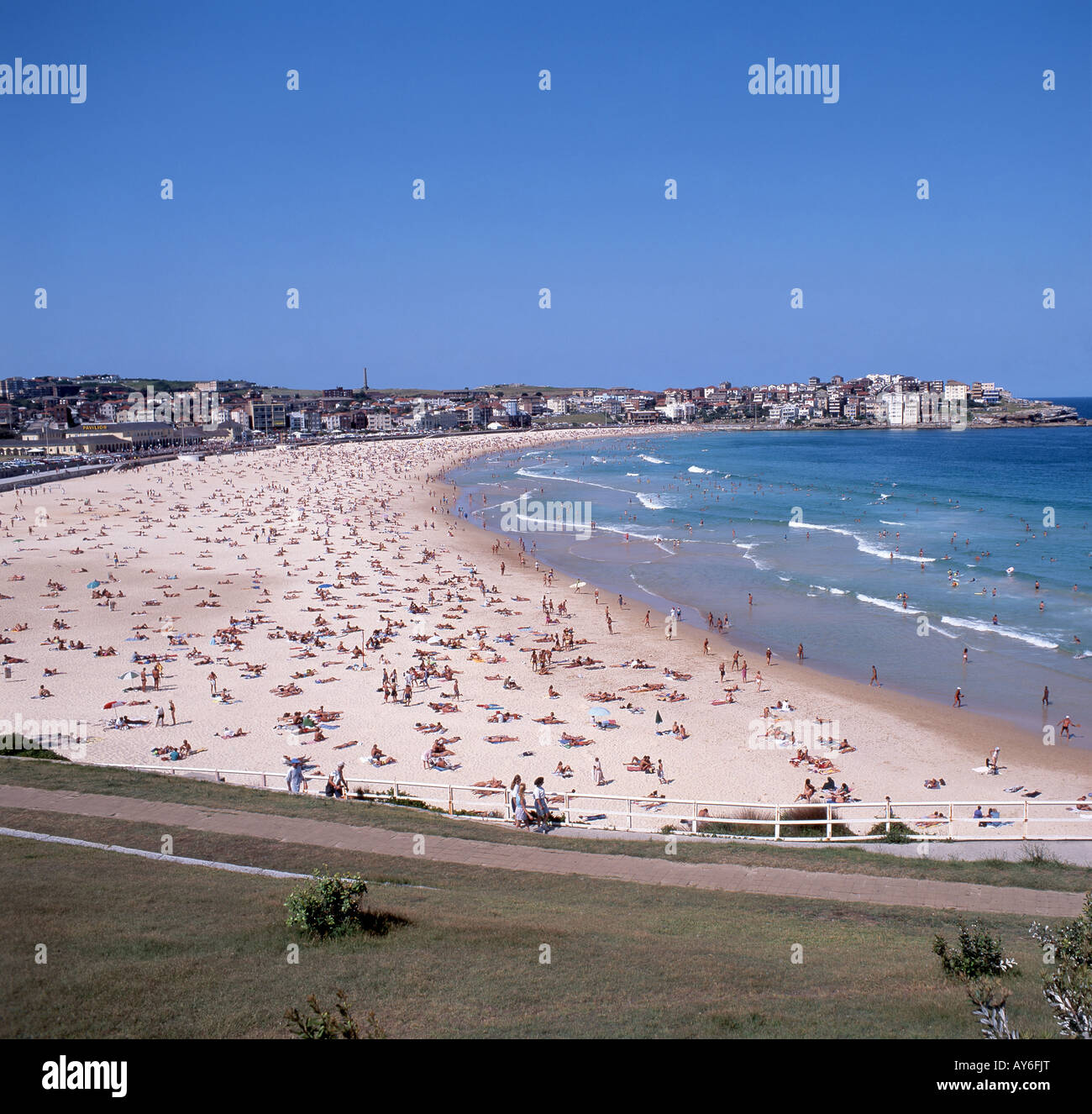 Strand im Sommer überfüllt, Bondi Beach, Sydney, New South Wales, Australien Stockfoto