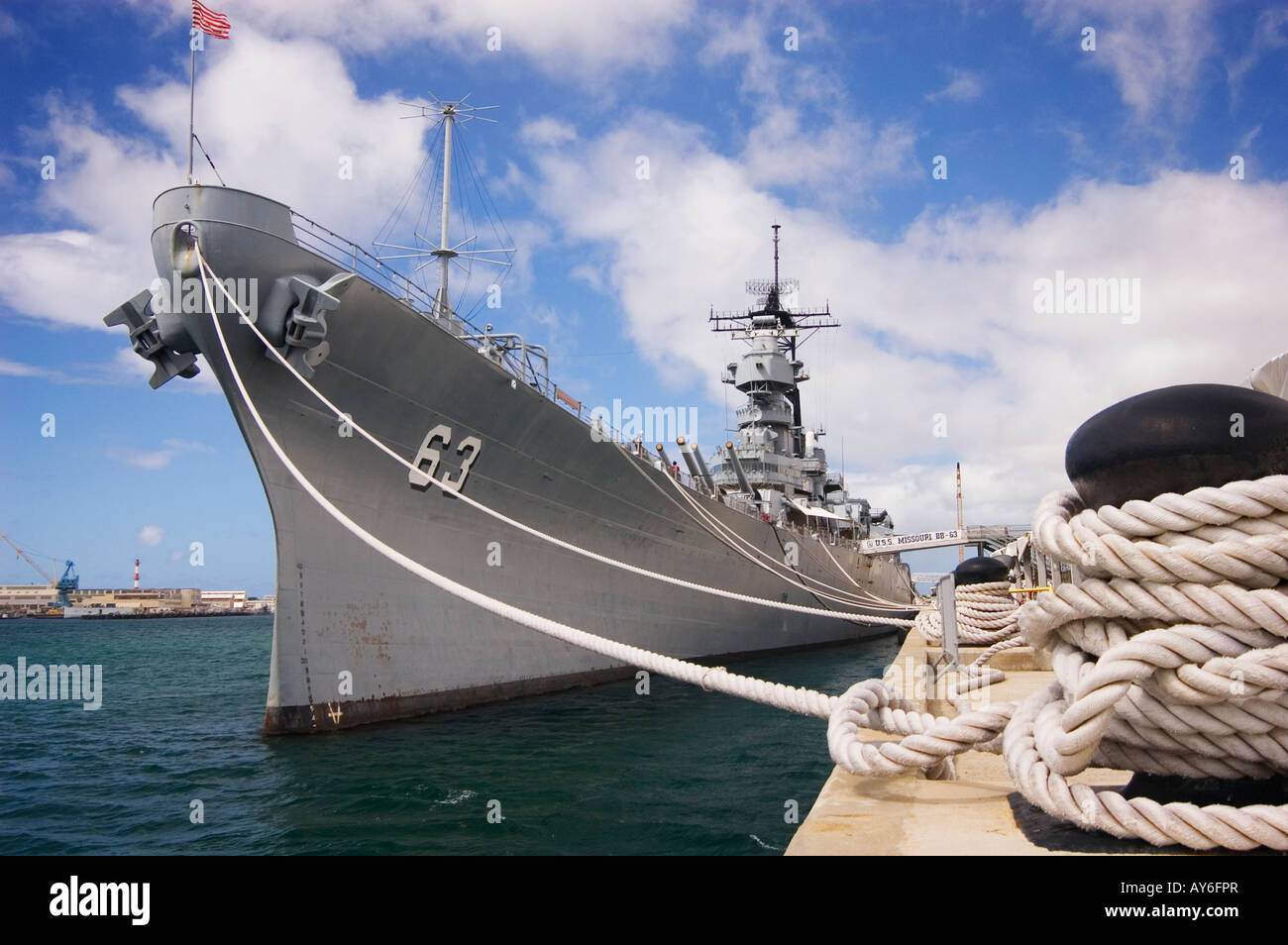 U S S Missouri historischen Schlachtschiff verankert nun in Pearl Harbor Honolulu Oahu Hawaii Stockfoto