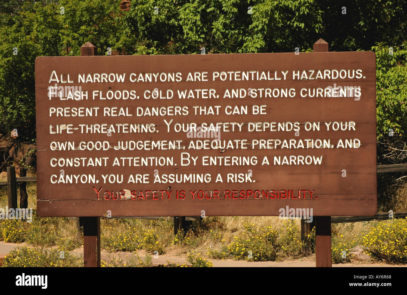 Zion National Park in Utah Sturzflut Warnschild Stockfoto