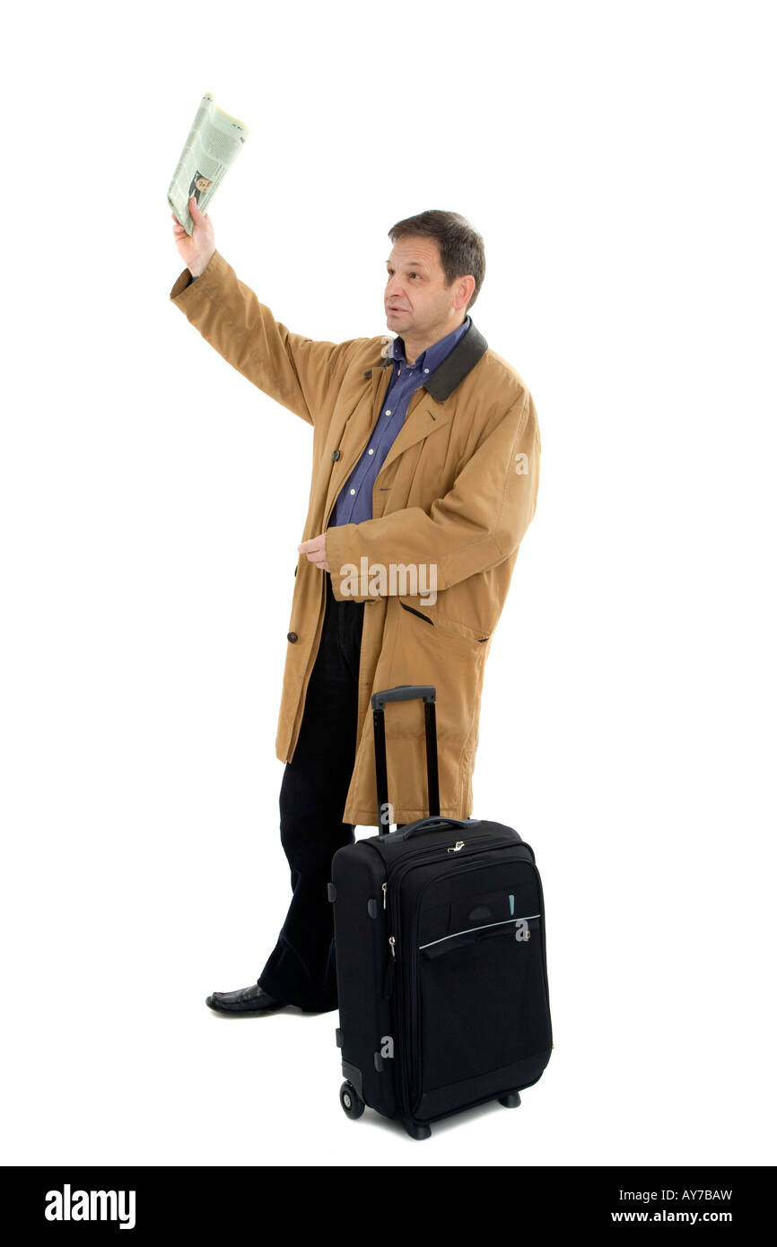 Mann in braune Jacke mit schwarzen Koffer Stockfoto