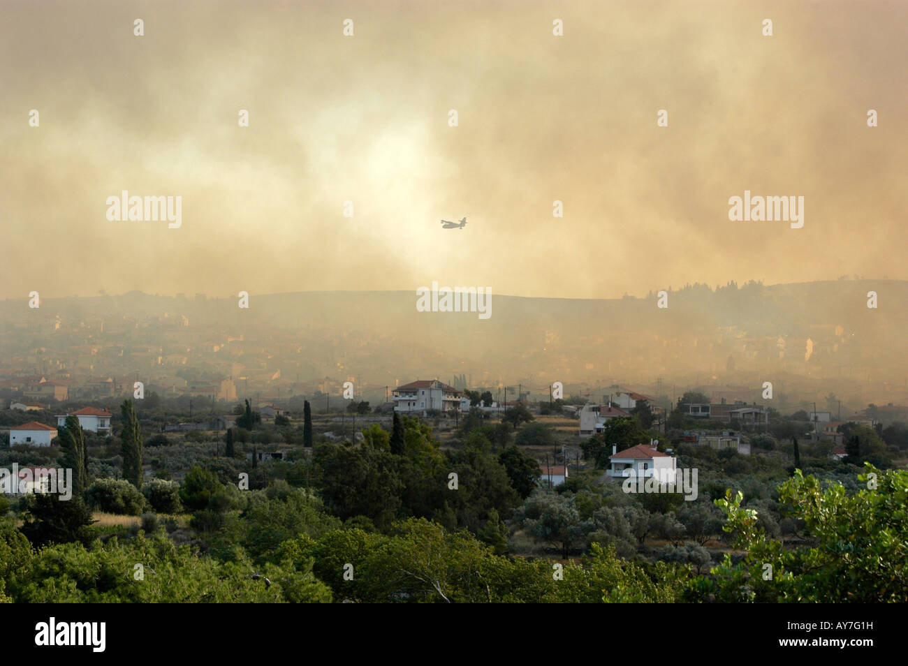 Wildfire in Griechenland am 8. Juli 2007 Feuer auf der Insel Samos im Bereich zwischen Mitilini und Kokkari. Stockfoto