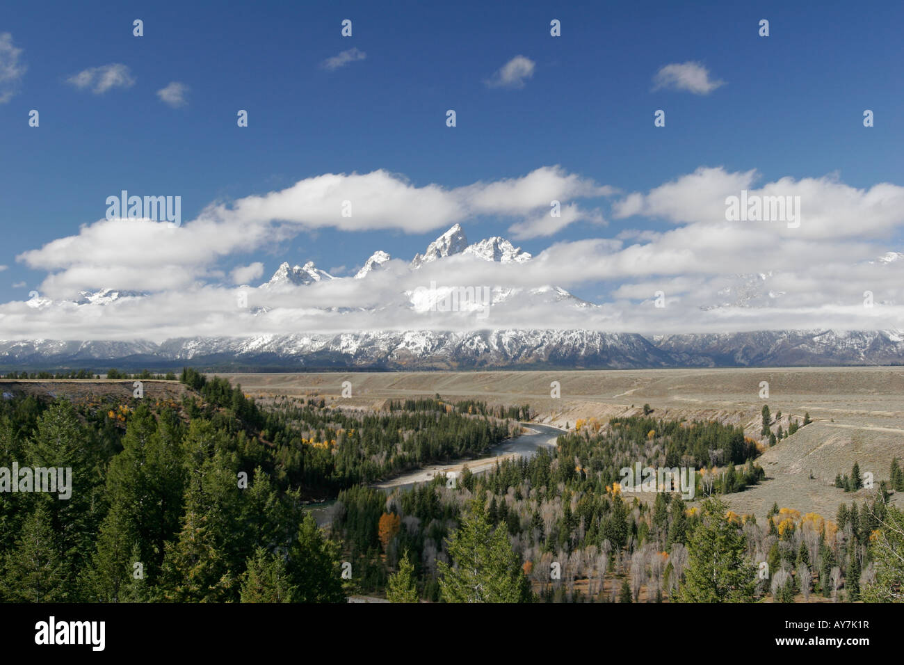 Der Snake River und die Grand Teton Berge aus der Snake River Overlook, Grand-Teton-Nationalpark, Wyoming, USA Stockfoto