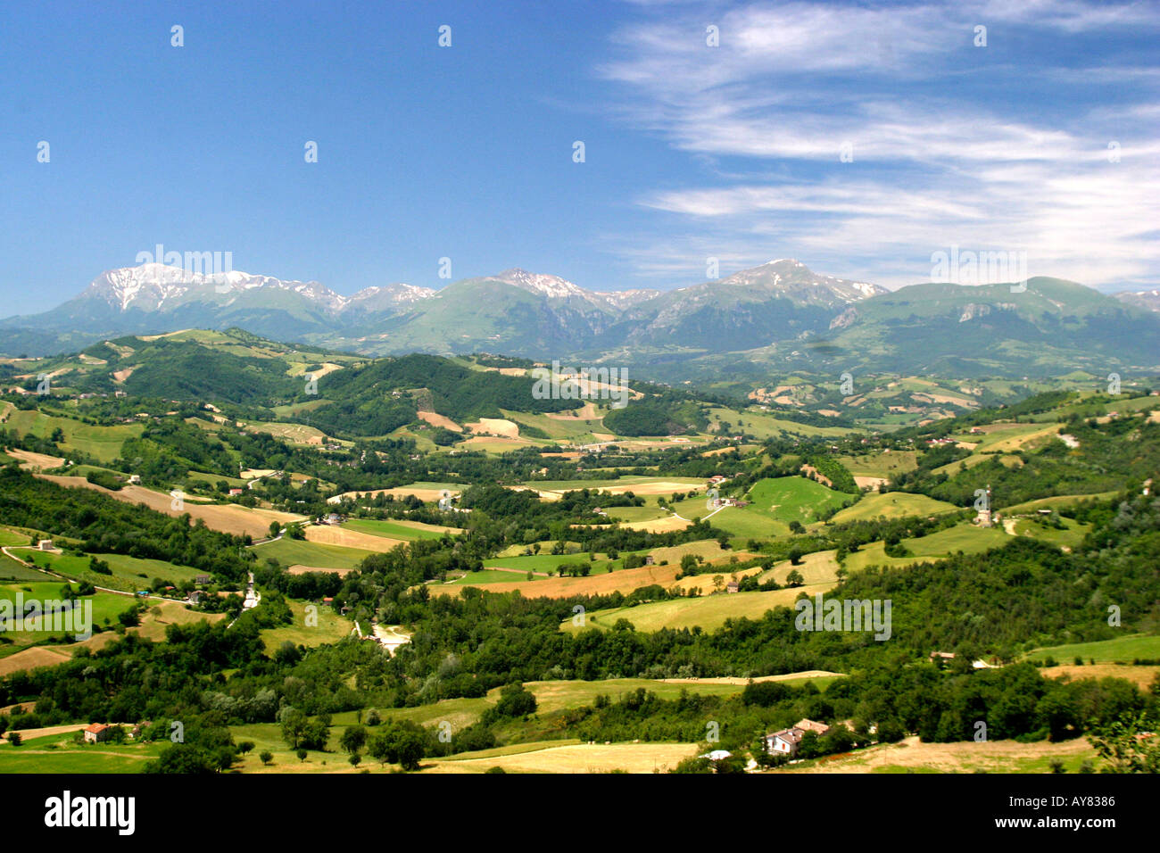 typische Hügellandschaft Patchwork von le Marche, Marken, Italien Stockfoto