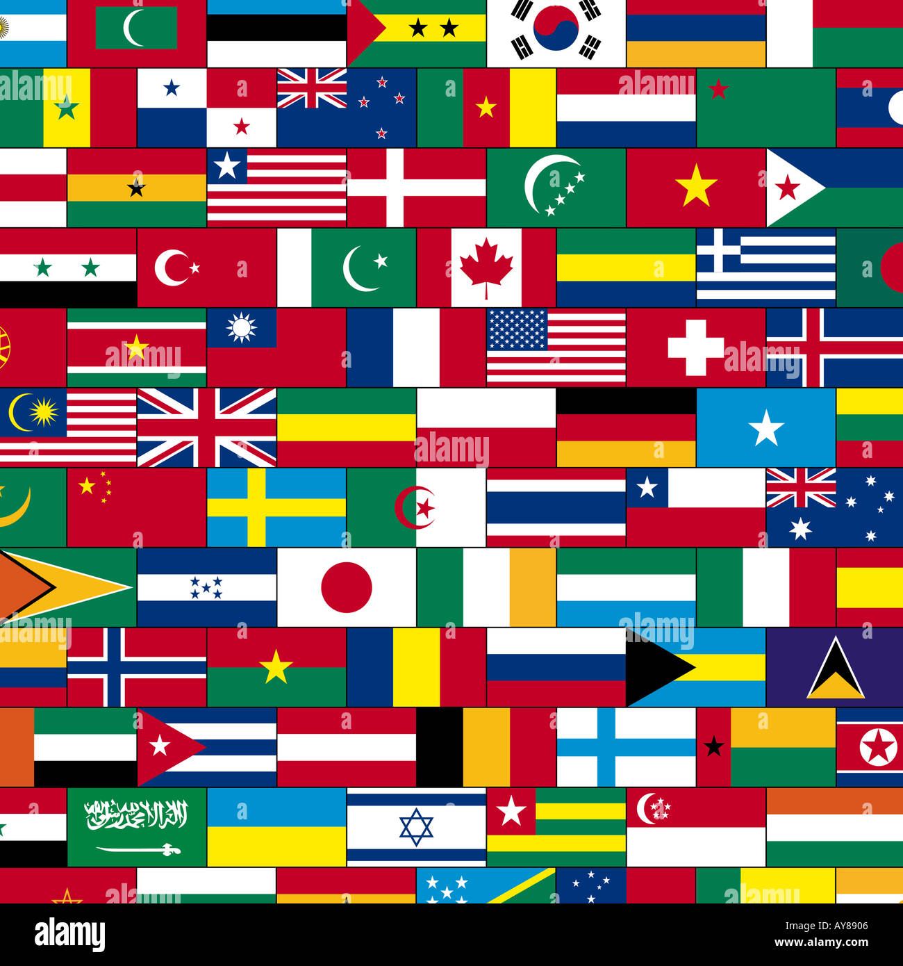 Internationale Fahnen Kante an Kante Stockfoto