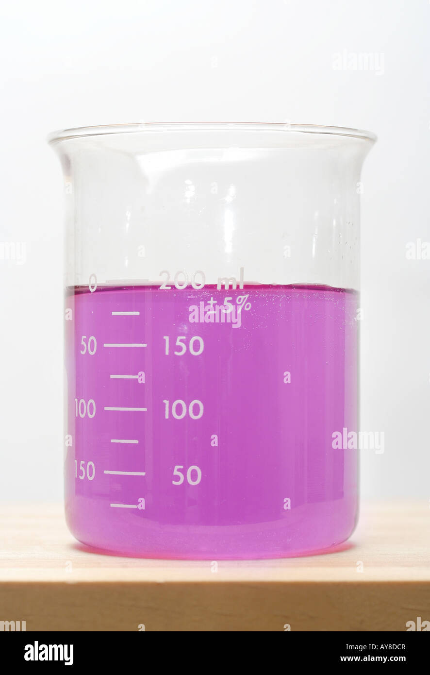 Purpurrote Flüssigkeit in ein Becherglas. Stockfoto