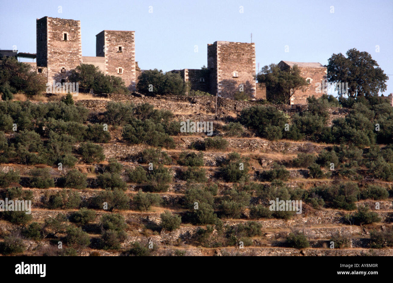 Alten Turm befindet sich in dem Dorf Mountanistika in der Tiefe Mani Süd-Peloponnes-Griechenland Stockfoto