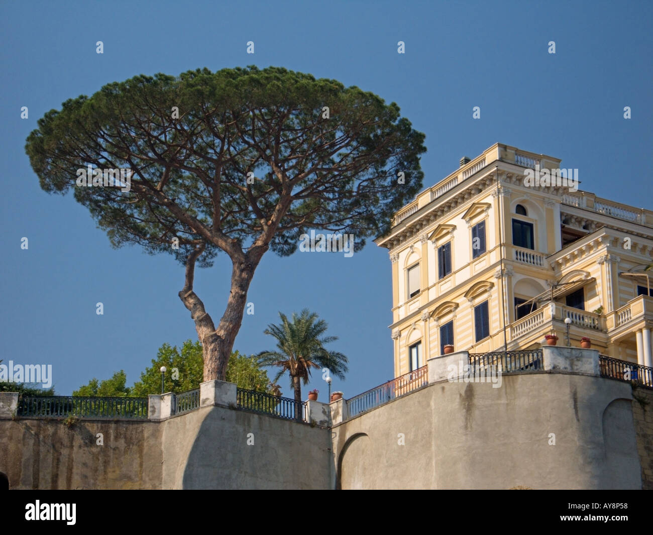 Schirmkiefer und das historische Wahrzeichen der Villa La Terrezza, Sorrent, Bucht von Neapel, Amalfiküste, Italien Stockfoto