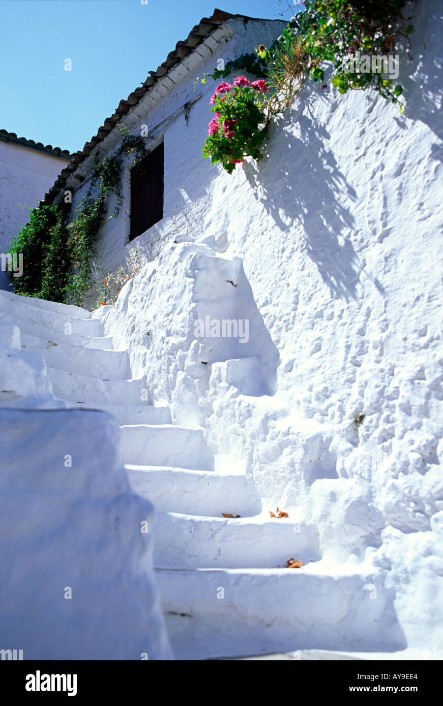Malte weiße Treppe, die bis zu und altes Haus auf Korfu Griechenland Stockfoto