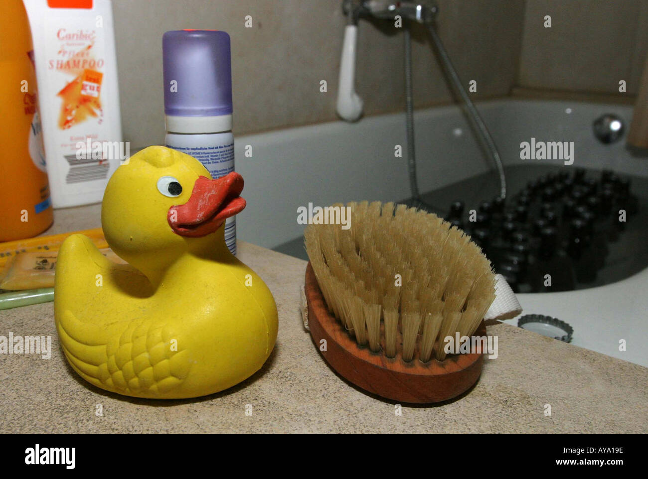 Gelbe Kreischen Ente mit einem Handfeger am Rand der Badewanne Stockfoto