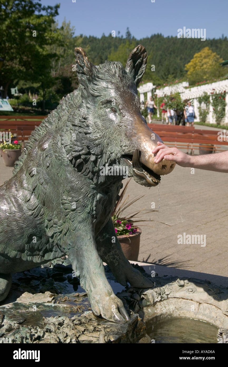 Touristen Hand reiben Nase Bronzestatue von einem Wildschwein in den Butchart Gardens in Victoria British Columbia Kanada Stockfoto