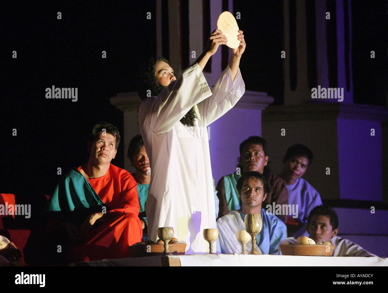 Passionsspiel, Jesus und seine Diciples beim letzten Abendmahl. Moriones Festival, Boac Marinduque Island, Philippinen Stockfoto