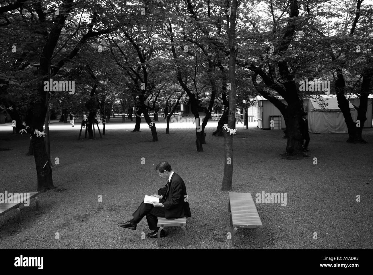 Asien Tokio Japan Mann im Anzug lesen im Garten am Yasukuni-Schrein ein Denkmal zu den japanischen Toten im zweiten Weltkrieg Stockfoto