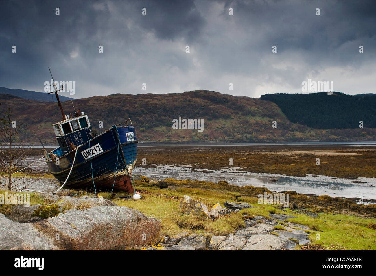 Boot an Land, Loch Sunart, Schottland Stockfoto