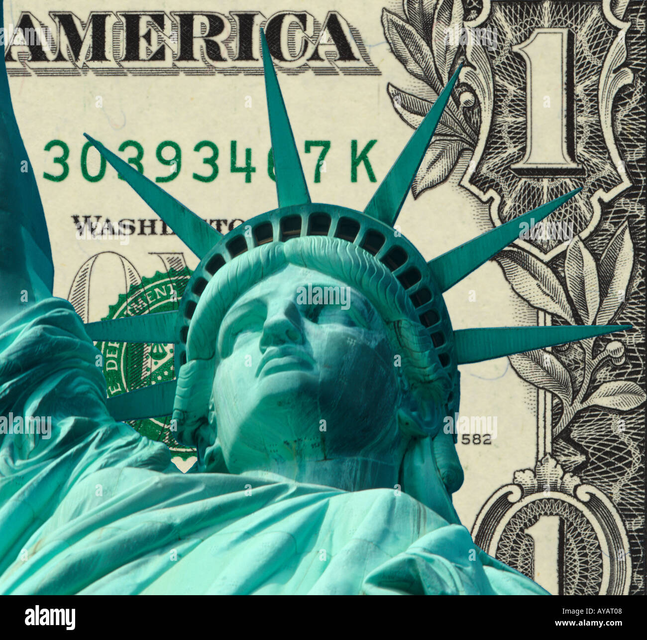 Freiheitsstatue Liberty einen Dollarschein Stockfoto