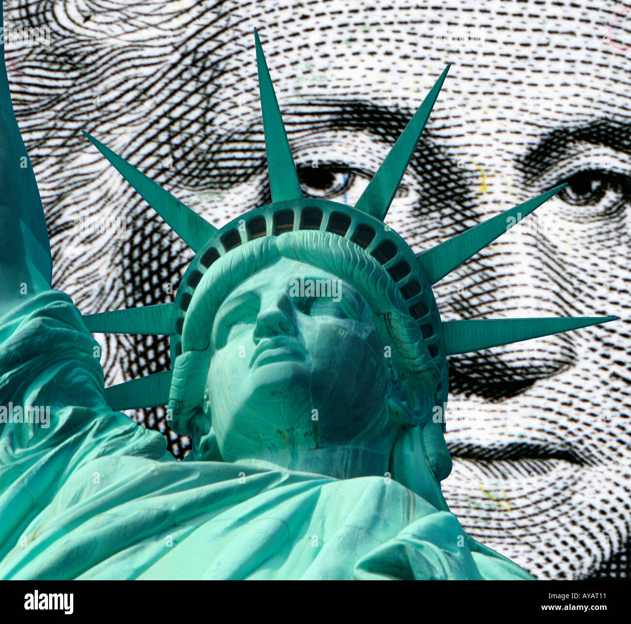 Freiheitsstatue Liberty einen Dollarschein Stockfoto