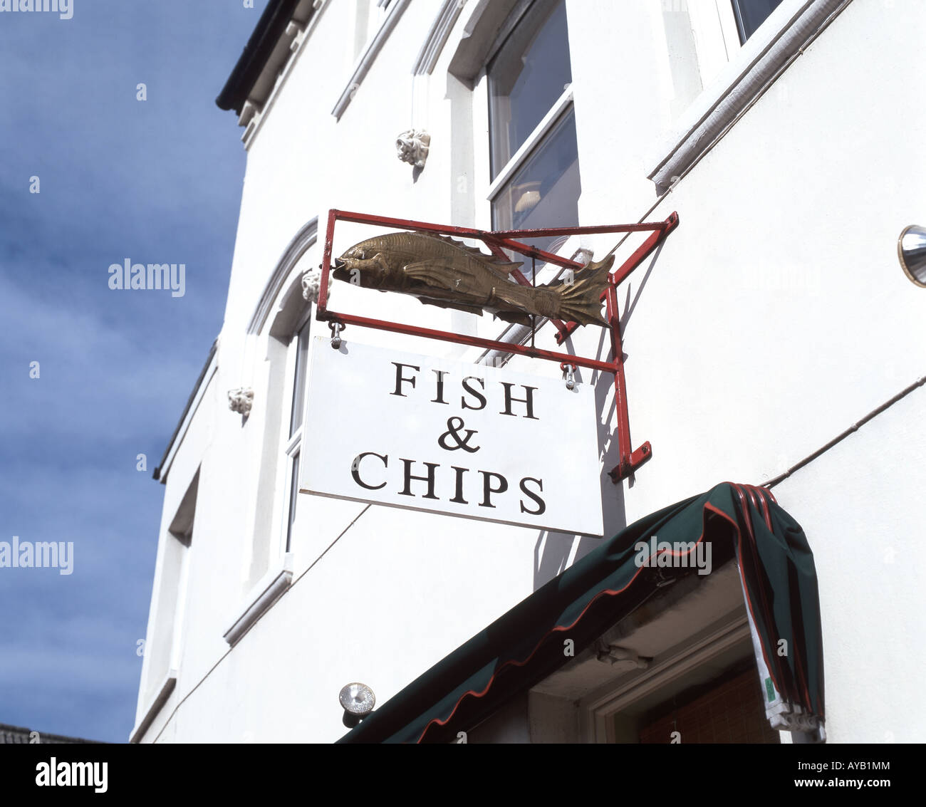 Schild für den Fish and Chips Shop, Port St. Mary, Isle of man Stockfoto