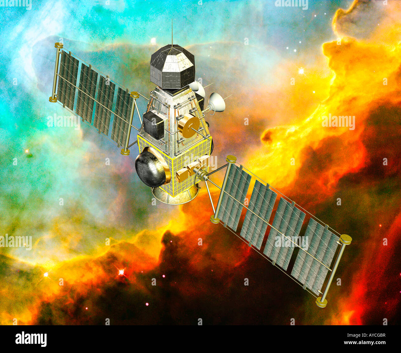 computergenerierte 3D Konzept des Raumfahrzeuges Digital hinzugefügt, um einen Hintergrund der Galaxie im Weltall Stockfoto