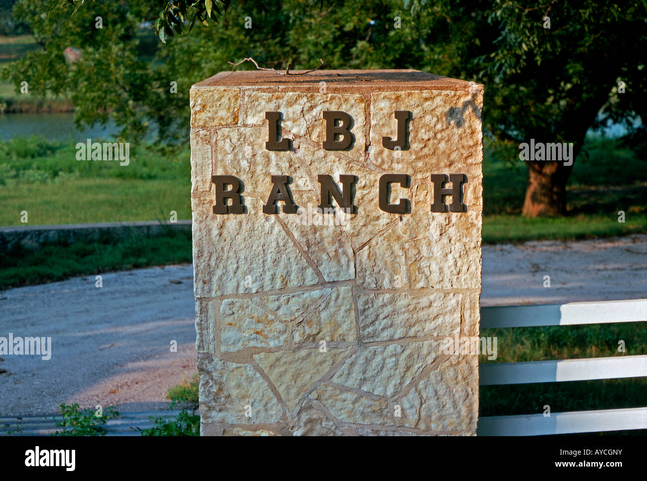 Ortseingangsschild, LBJ Ranch, Stonewall, Texas, USA Stockfoto