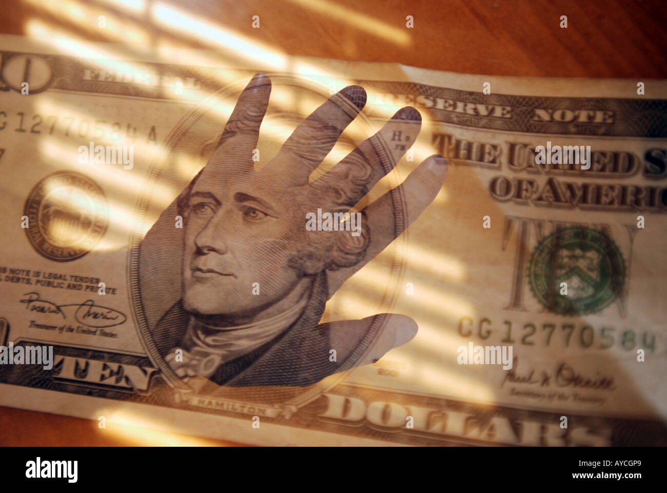 Collage mit Hand und US-Währung Geld Konzept Stockfoto