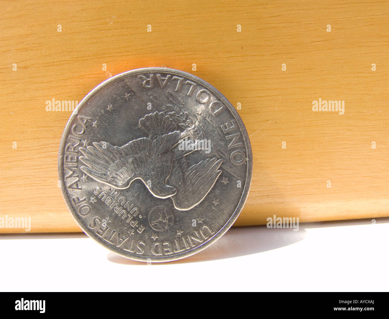 Vorderseite einer Eisenhower-Dollar-Münze an einem hölzernen Kasten gelehnt. Stockfoto