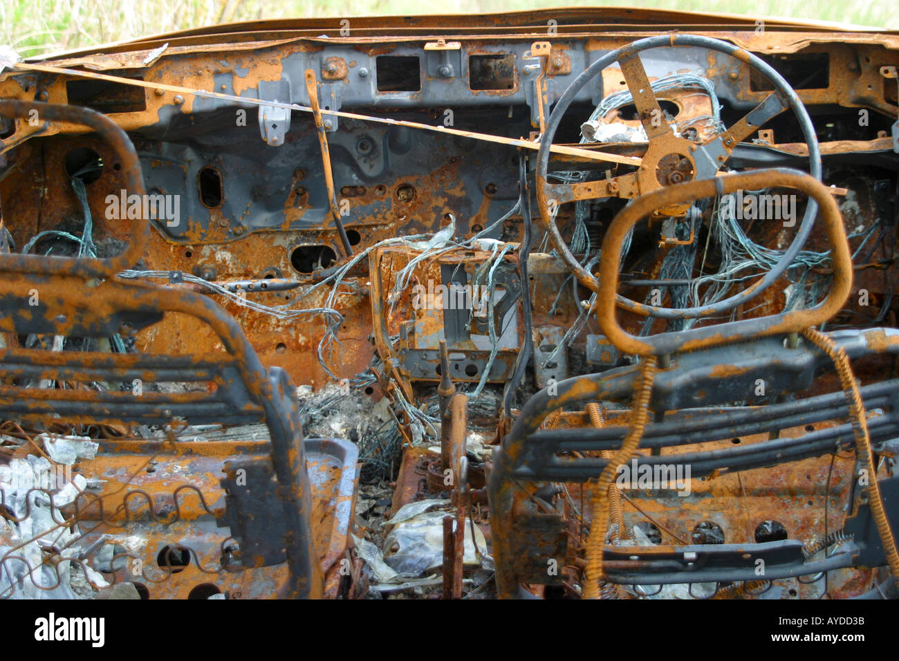 Innere des verlassenen Autowrack Stockfoto