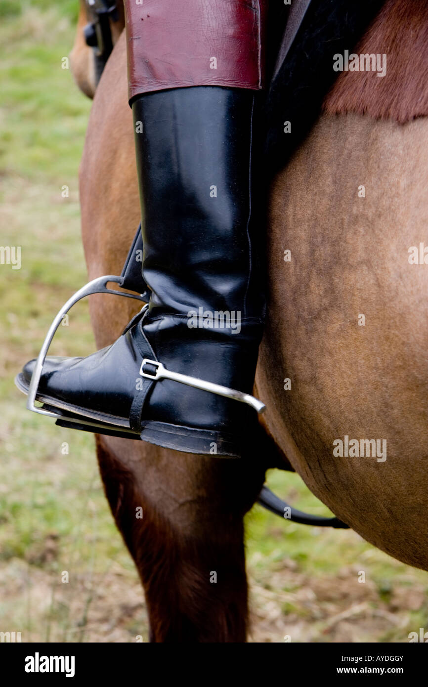 Nahaufnahme von Pferd, Steigbügel und Reitstiefel Stockfoto