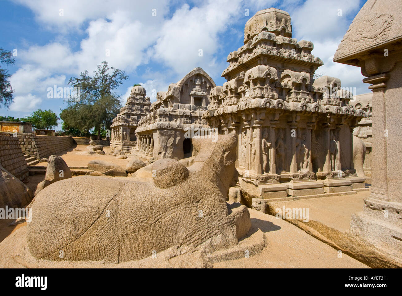 Nandi den Stier bei fünf Rathas in Mamallapuram Südindien Stockfoto