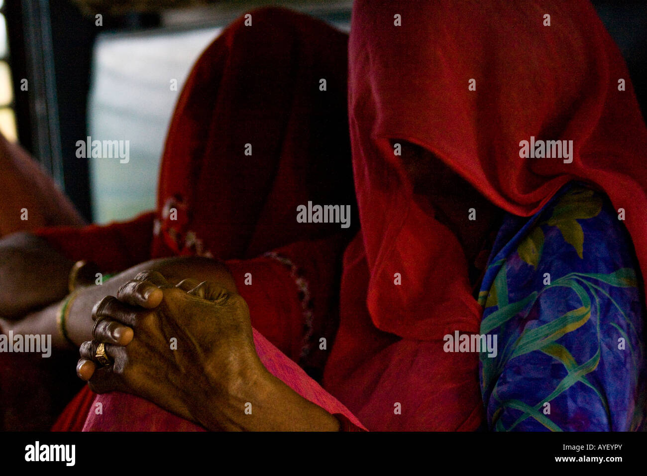 Ältere Rajasthani Frauen verschleiert Kopftuch in einem Zug Stockfoto
