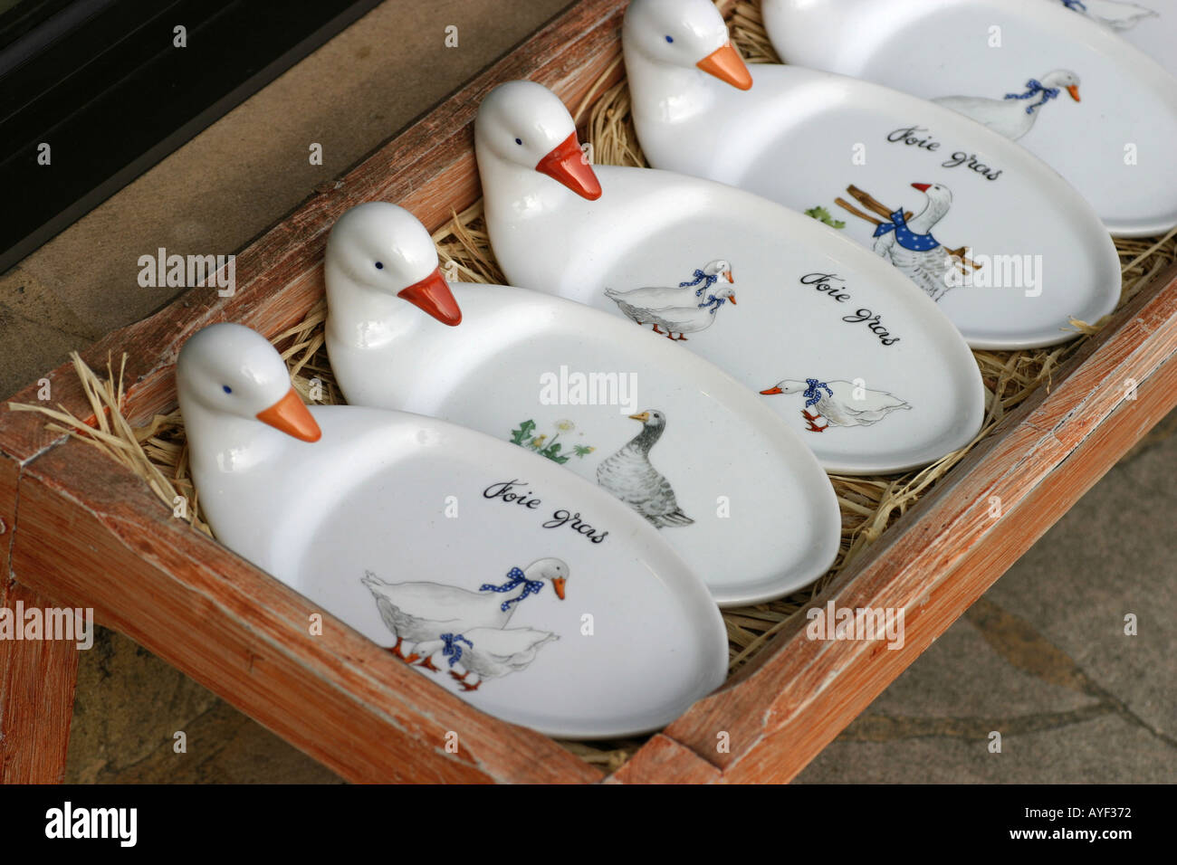 Stopfleber Gerichte zum Verkauf an Domme Dordogne Frankreich Stockfoto