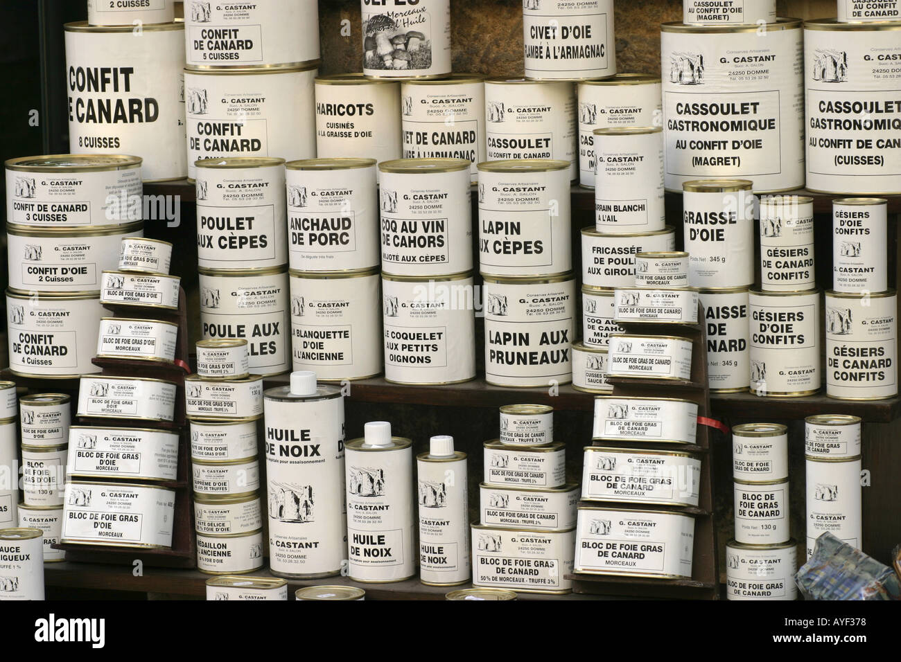 Verzinnte regionale Köstlichkeiten bei Domme Dordogne Frankreich Stockfoto