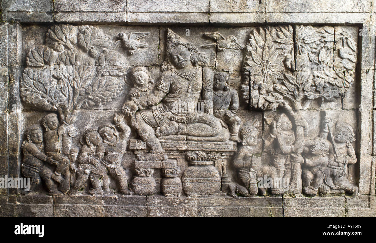 Stein geschnitzten Reliefs, Candi Mendut, Java, Indonesien Stockfoto