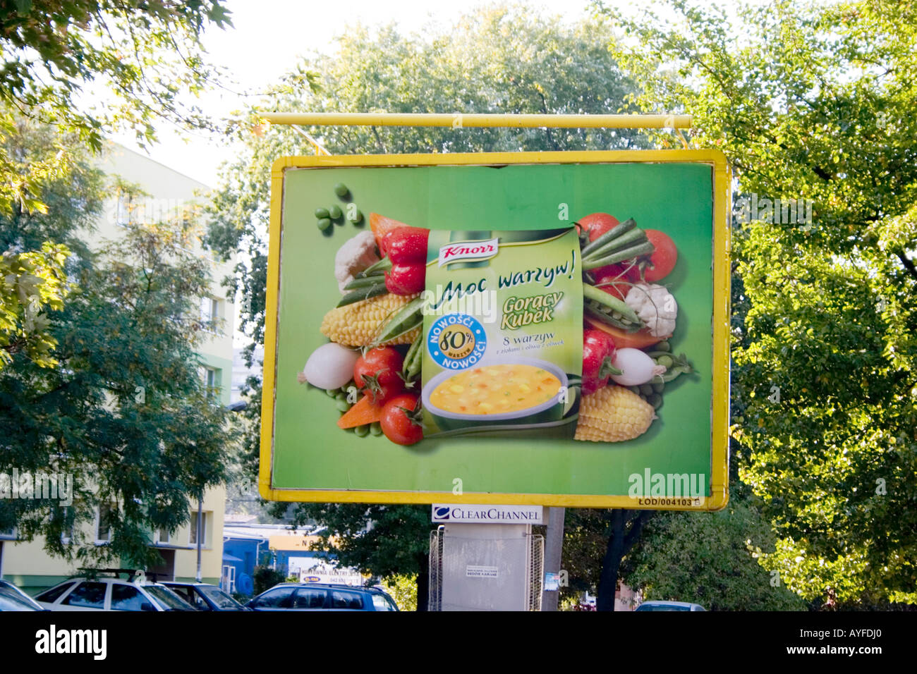 Plakatwerbung Suppe mit frischem Gemüse als Zutat. Lodz Polen Stockfoto